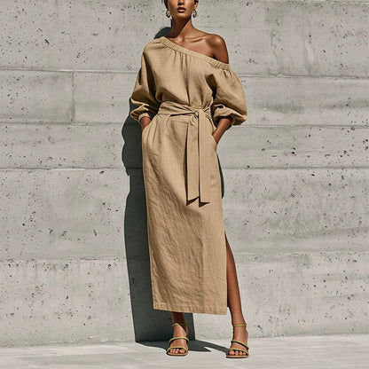 Women's Elegant One-Shoulder Belted Dress