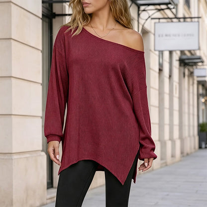 👚New Arrivals - Off-Shoulder Blouse with Side Split – Flowing Drape & Modern Edge for Any Casual Occasion