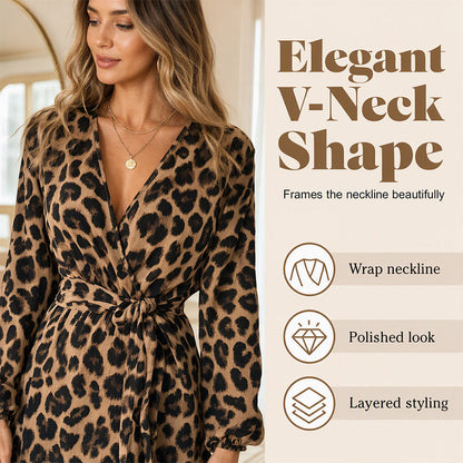 Women's Leopard Print V-Neck Ruffle Dress with Waist Tie
