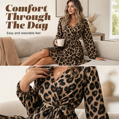 Women's Leopard Print V-Neck Ruffle Dress with Waist Tie