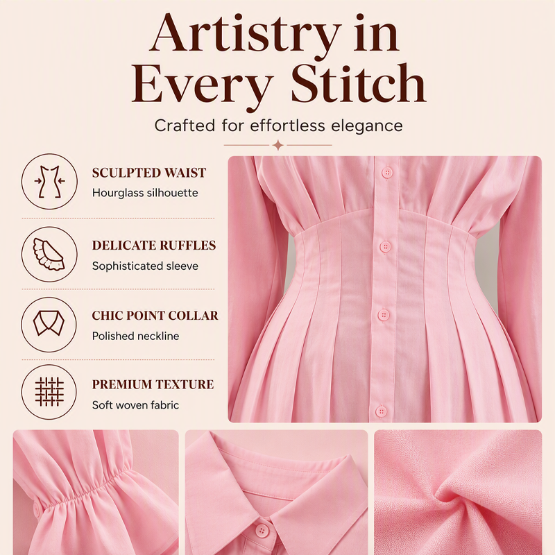 Women's Pleated Waist Long Sleeve Shirt Dress