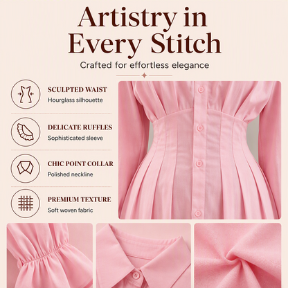 Women's Pleated Waist Long Sleeve Shirt Dress