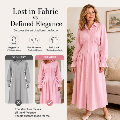 Women's Pleated Waist Long Sleeve Shirt Dress