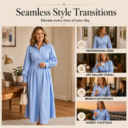 Women's Pleated Waist Long Sleeve Shirt Dress