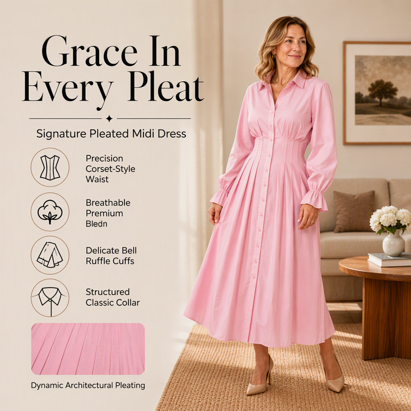 Women's Pleated Waist Long Sleeve Shirt Dress