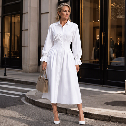 Women's Pleated Waist Long Sleeve Shirt Dress