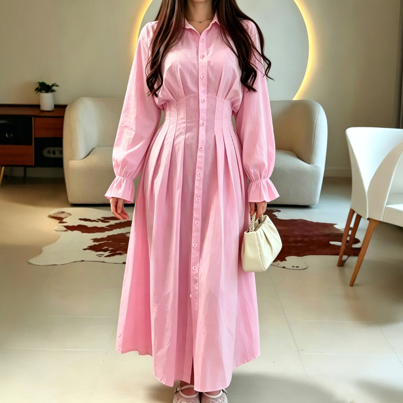 Women's Pleated Waist Long Sleeve Shirt Dress