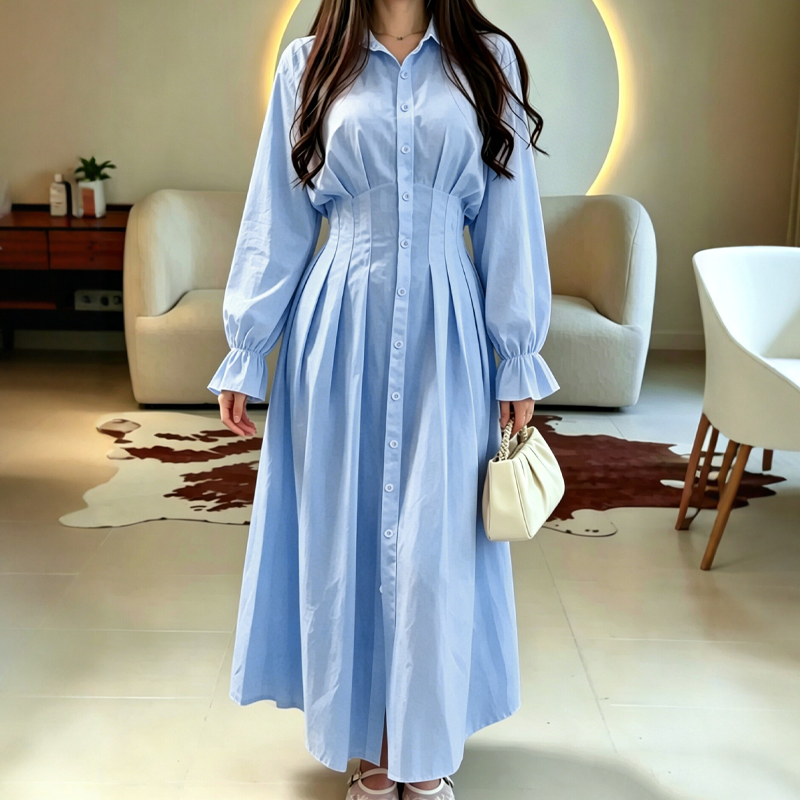 Women's Pleated Waist Long Sleeve Shirt Dress