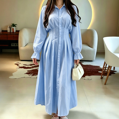 Women's Pleated Waist Long Sleeve Shirt Dress