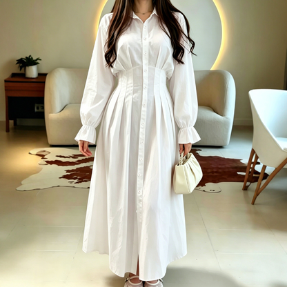 Women's Pleated Waist Long Sleeve Shirt Dress