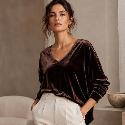 Women's V-Neck Long Sleeve Velvet Top