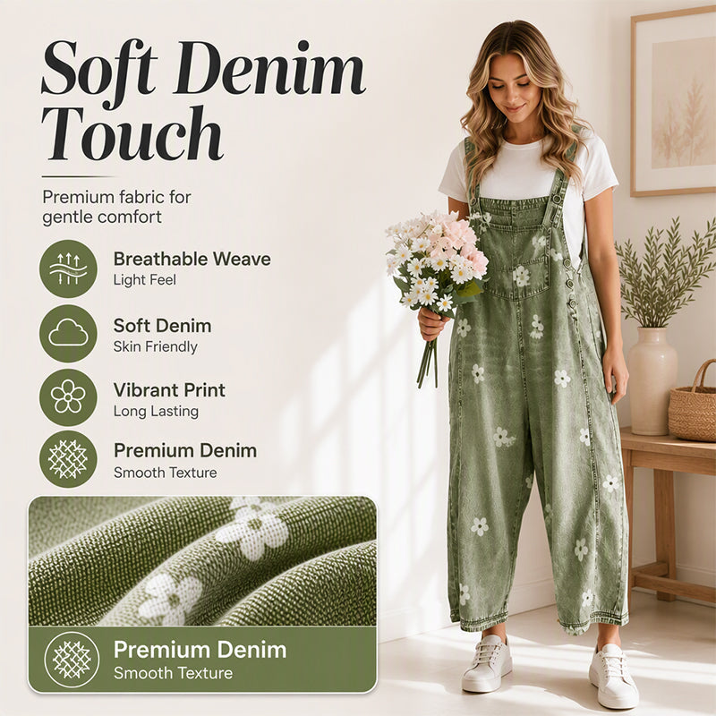 Women's Floral Print Loose-Fit Denim Overalls