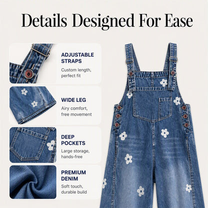 Women's Floral Print Loose-Fit Denim Overalls