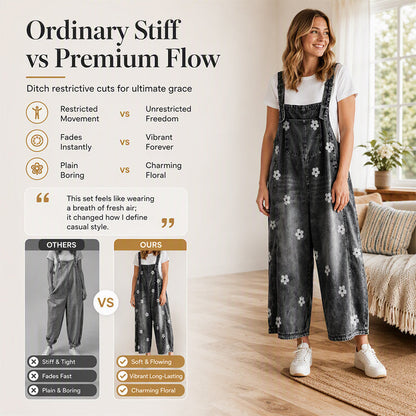 Women's Floral Print Loose-Fit Denim Overalls