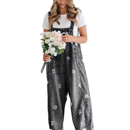 Women's Floral Print Loose-Fit Denim Overalls