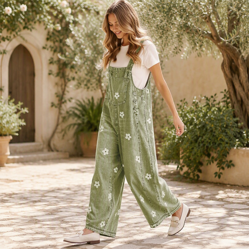 Women's Floral Print Loose-Fit Denim Overalls