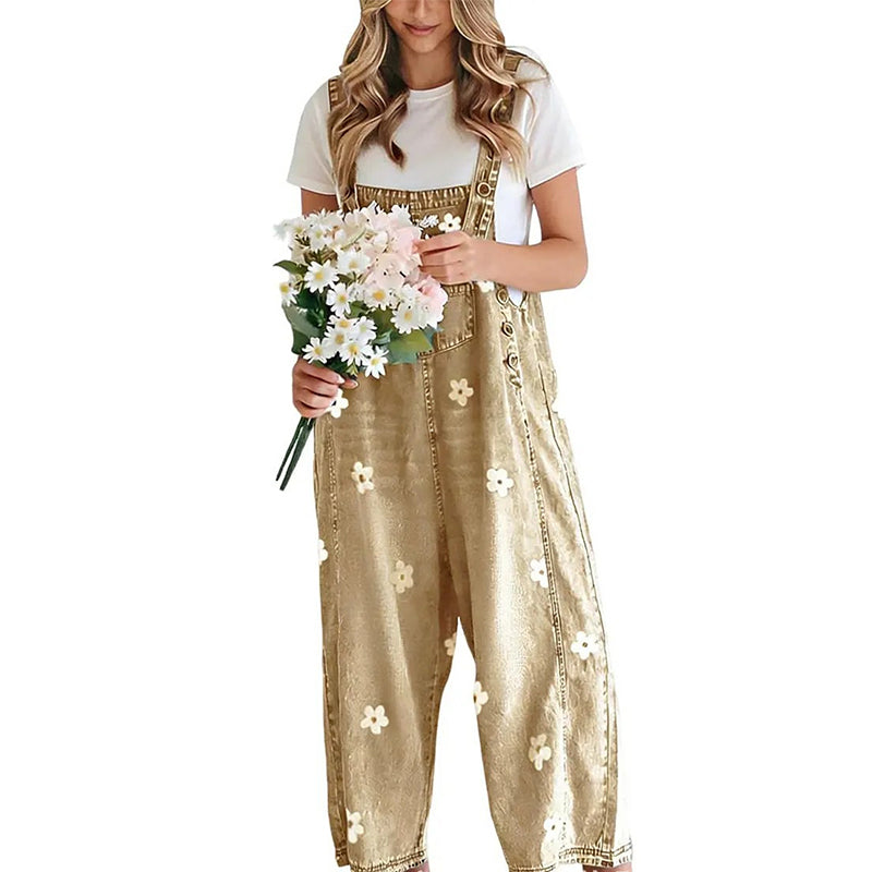 Women's Floral Print Loose-Fit Denim Overalls