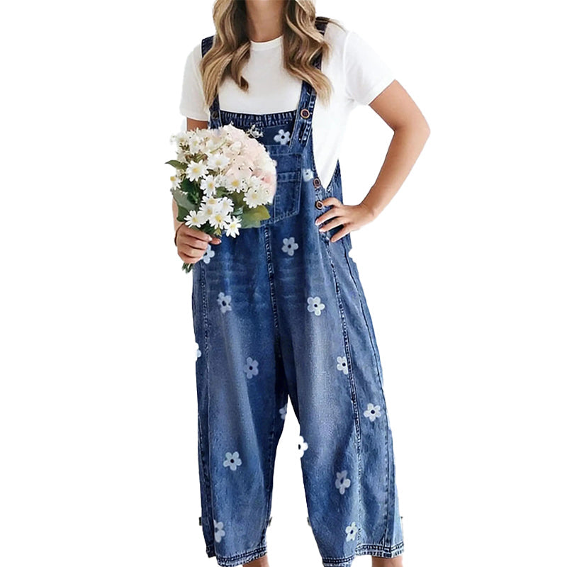 Women's Floral Print Loose-Fit Denim Overalls