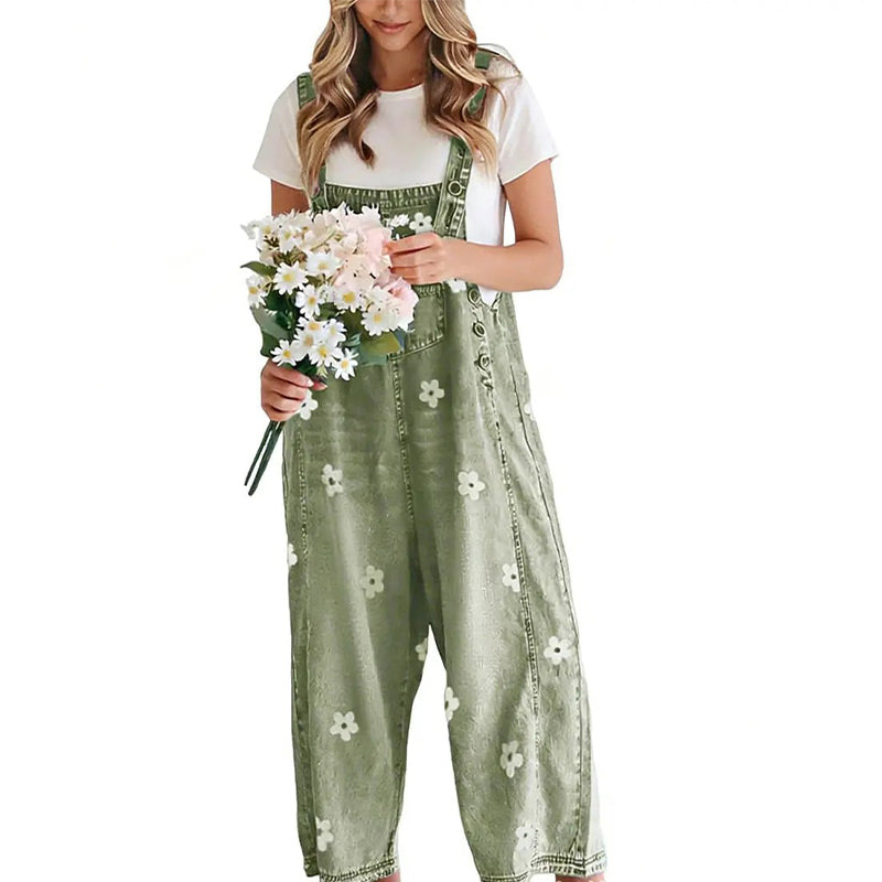 Women's Floral Print Loose-Fit Denim Overalls