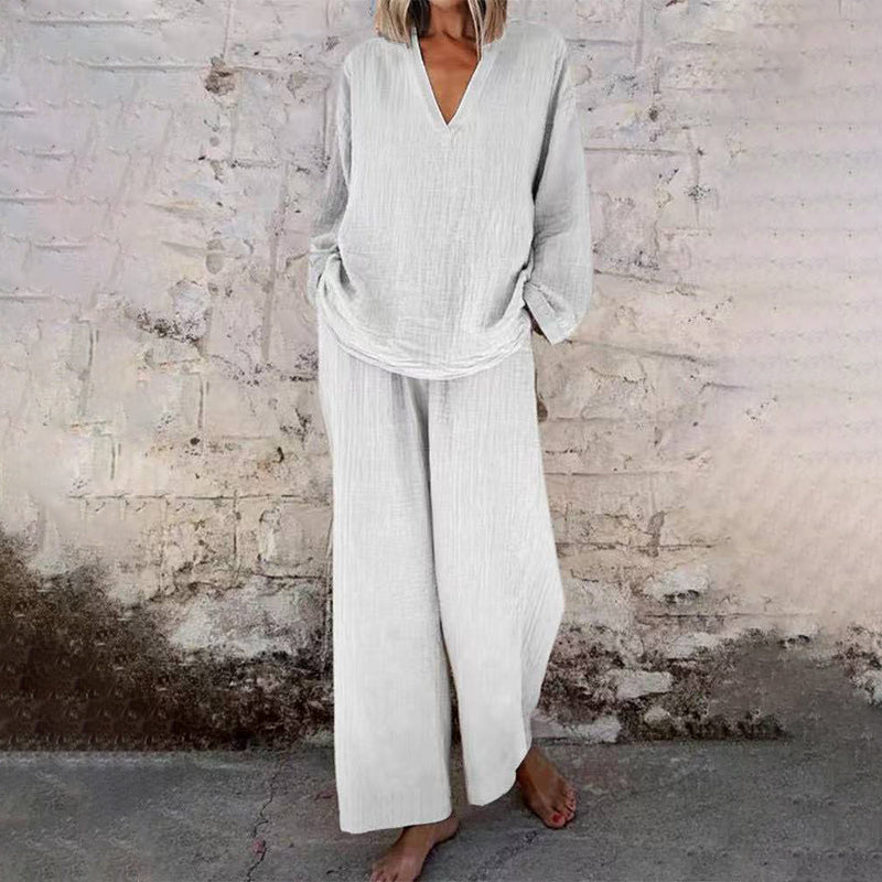 Casual Solid Color V-Neck Long Sleeve Top & Wide-Leg Pants Set