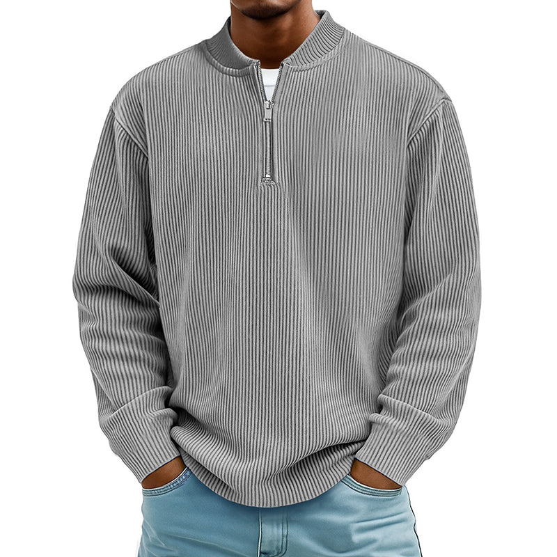 Men's Corduroy Quarter-Zip Pullover Sweatshirt Casual Stand Collar Long Sleeve Top