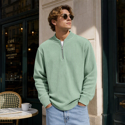 Men's Corduroy Quarter-Zip Pullover Sweatshirt Casual Stand Collar Long Sleeve Top