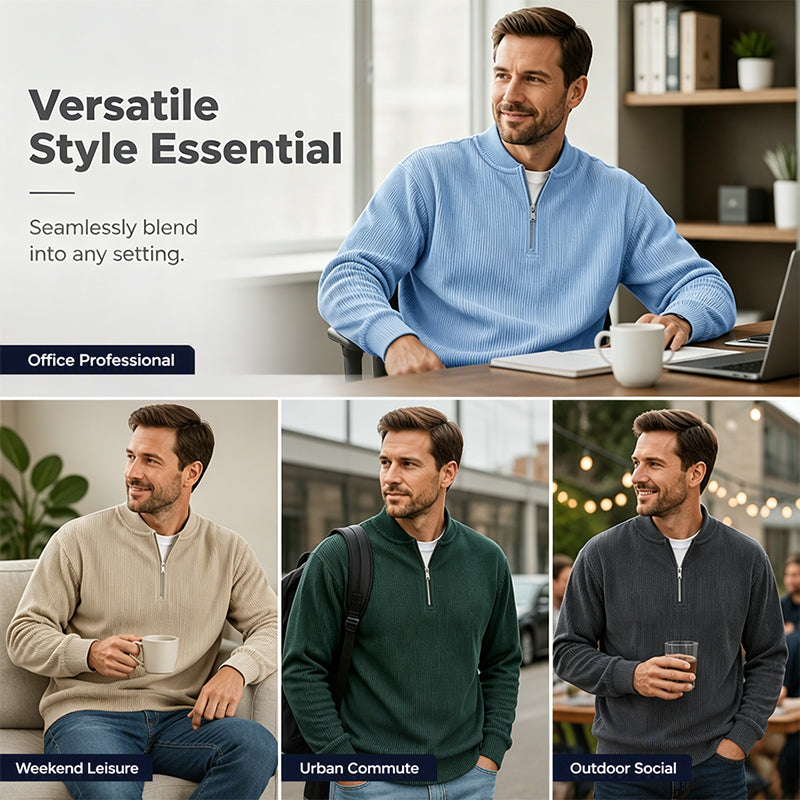 Men's Corduroy Quarter-Zip Pullover Sweatshirt Casual Stand Collar Long Sleeve Top