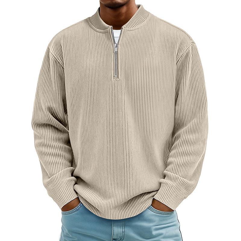 Men's Corduroy Quarter-Zip Pullover Sweatshirt Casual Stand Collar Long Sleeve Top