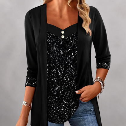 ✨👚New Arrivals - Mock Layered Top with Sequin Detail – Eye-Catching Shine & Versatile Wear for Any Occasion