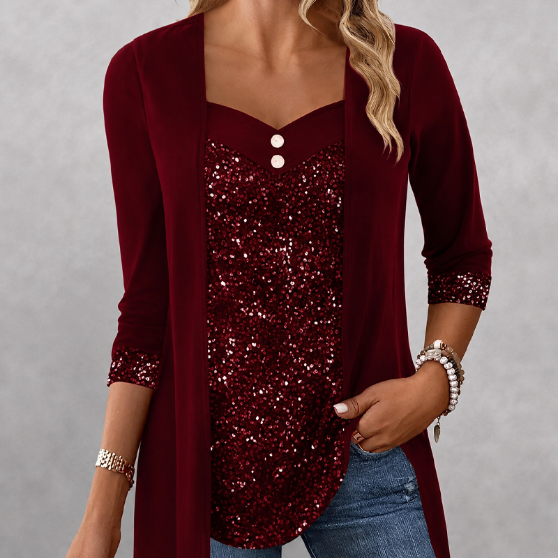 ✨👚New Arrivals - Mock Layered Top with Sequin Detail – Eye-Catching Shine & Versatile Wear for Any Occasion