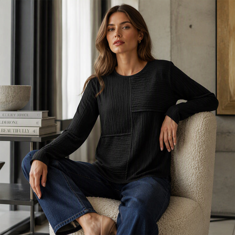 Bestseller🏆👚 Textured Patchwork Crewneck – Timeless Silhouette & Effortless Style for Every Look