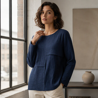Bestseller🏆👚 Textured Patchwork Crewneck – Timeless Silhouette & Effortless Style for Every Look
