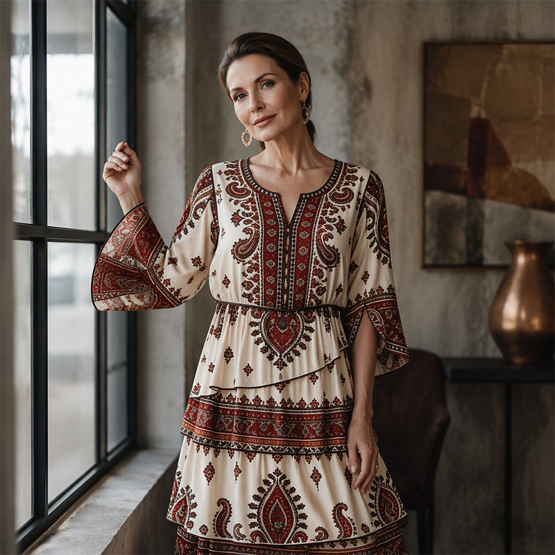 ⏰Last Day Sale 50% Off💃Women’s Bohemian V-Neck Tiered Ruffle Dress
