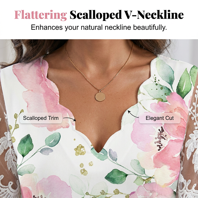 Women's Floral Print Lace Sleeve Dress