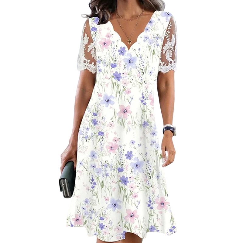 Women's Floral Print Lace Sleeve Dress