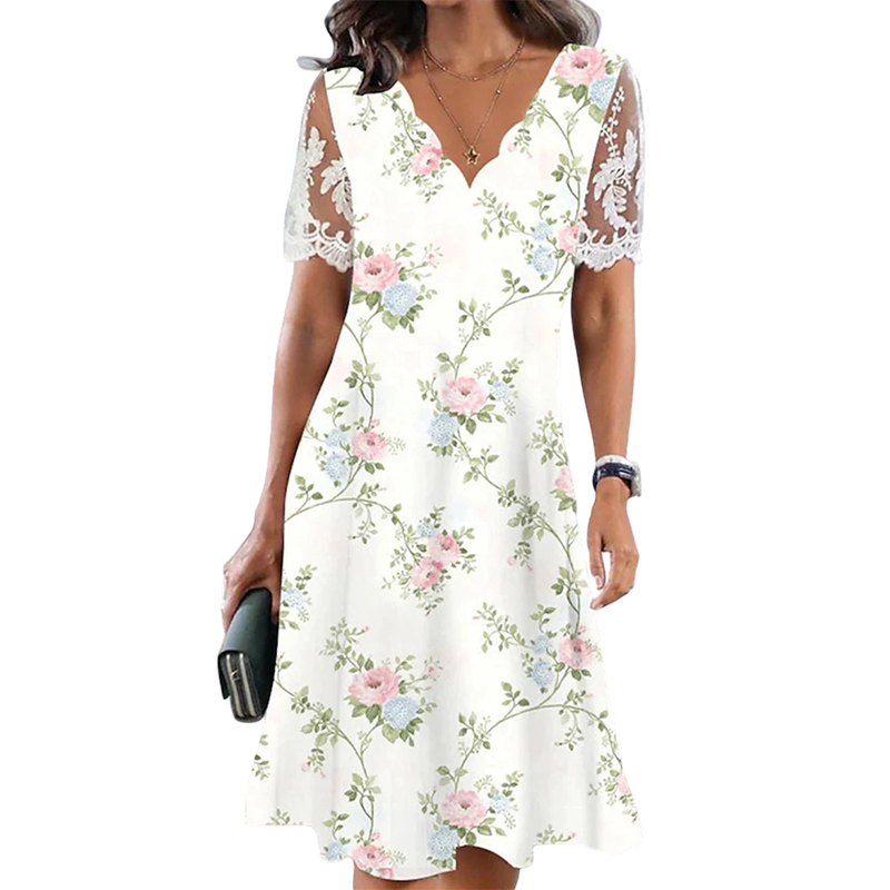 Women's Floral Print Lace Sleeve Dress