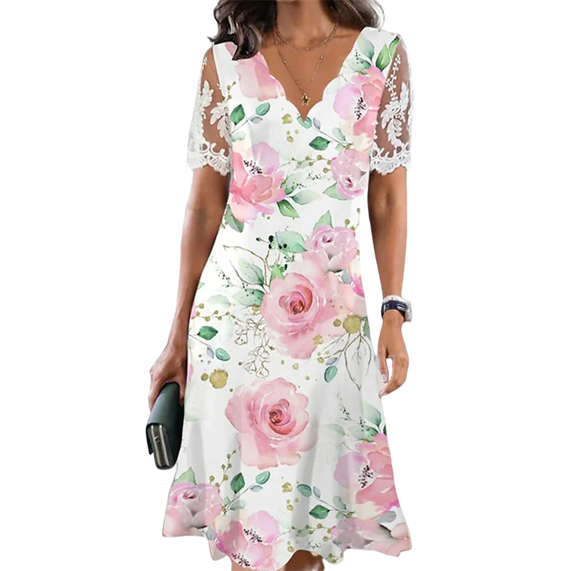Women's Floral Print Lace Sleeve Dress