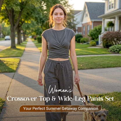 🍁New Fall Collection-Women's Crossover Top & Wide-Leg Pants Set