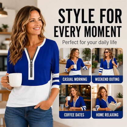 Women's Chic Zipper V Neck Color Block Top
