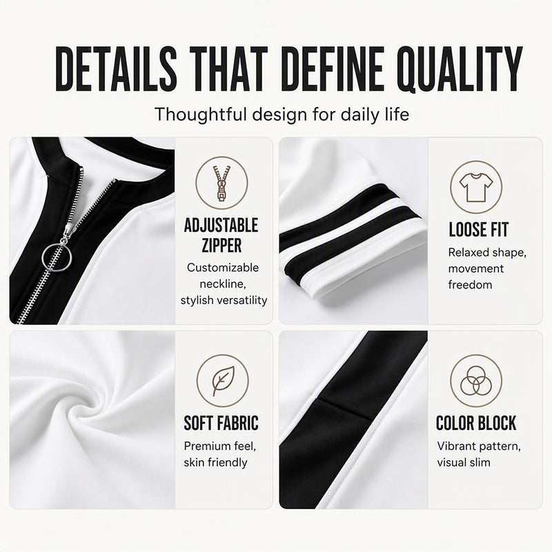 Women's Chic Zipper V Neck Color Block Top