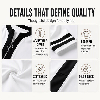 Women's Chic Zipper V Neck Color Block Top