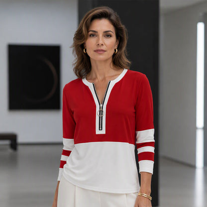 Women's Chic Zipper V Neck Color Block Top