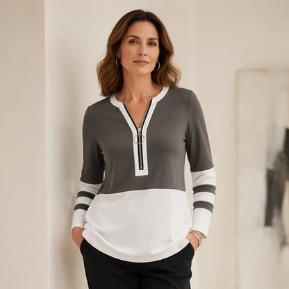 Women's Chic Zipper V Neck Color Block Top