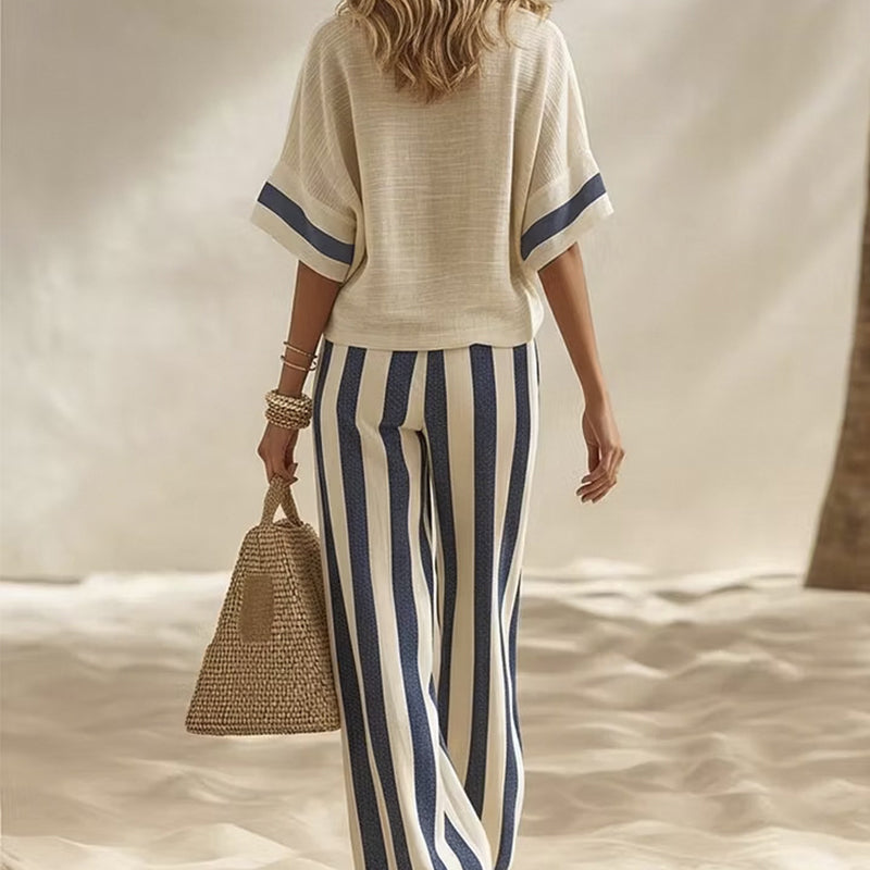 Women's Casual Striped Two Piece Wide Leg Pants Set