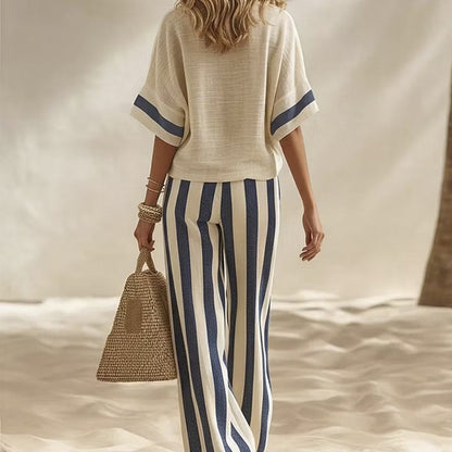 Women's Casual Striped Two Piece Wide Leg Pants Set