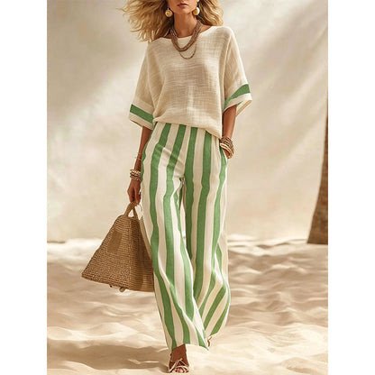 Women's Casual Striped Two Piece Wide Leg Pants Set
