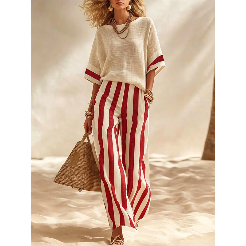 Women's Casual Striped Two Piece Wide Leg Pants Set