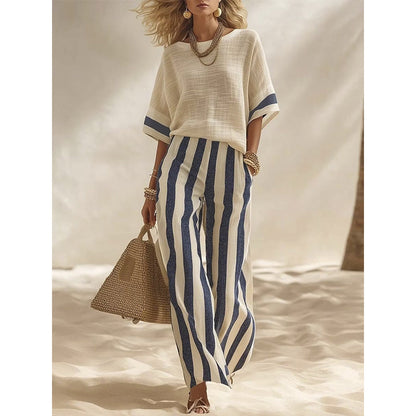 Women's Casual Striped Two Piece Wide Leg Pants Set
