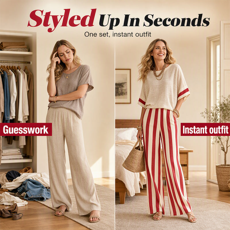 Women's Casual Striped Two Piece Wide Leg Pants Set