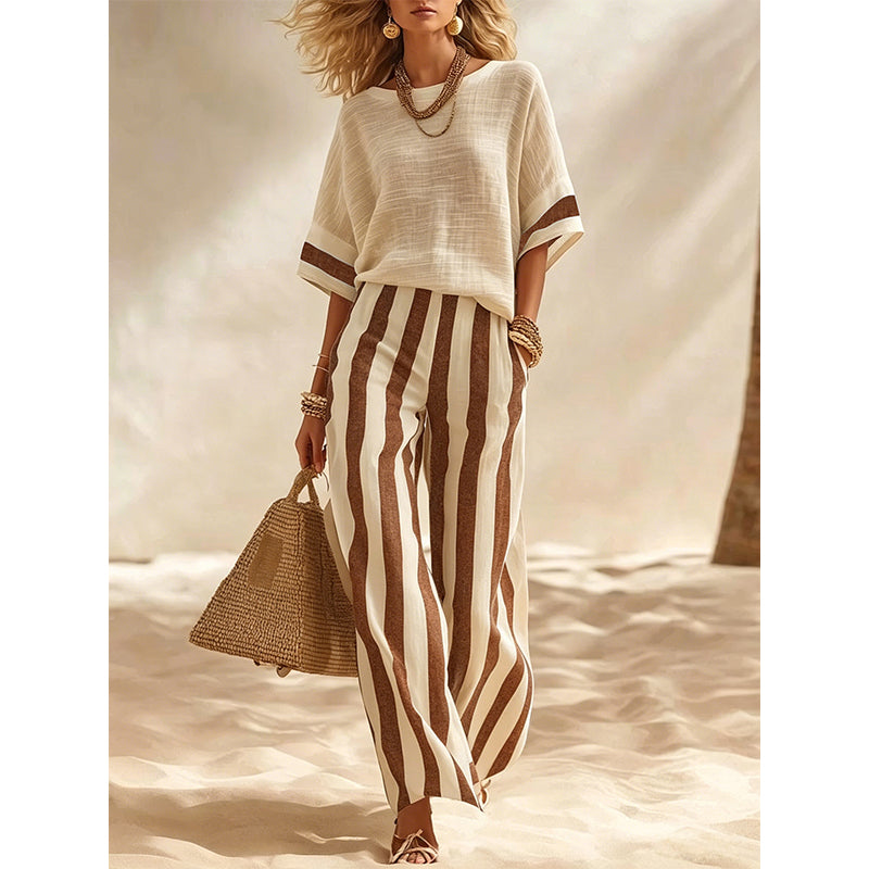 Women's Casual Striped Two Piece Wide Leg Pants Set
